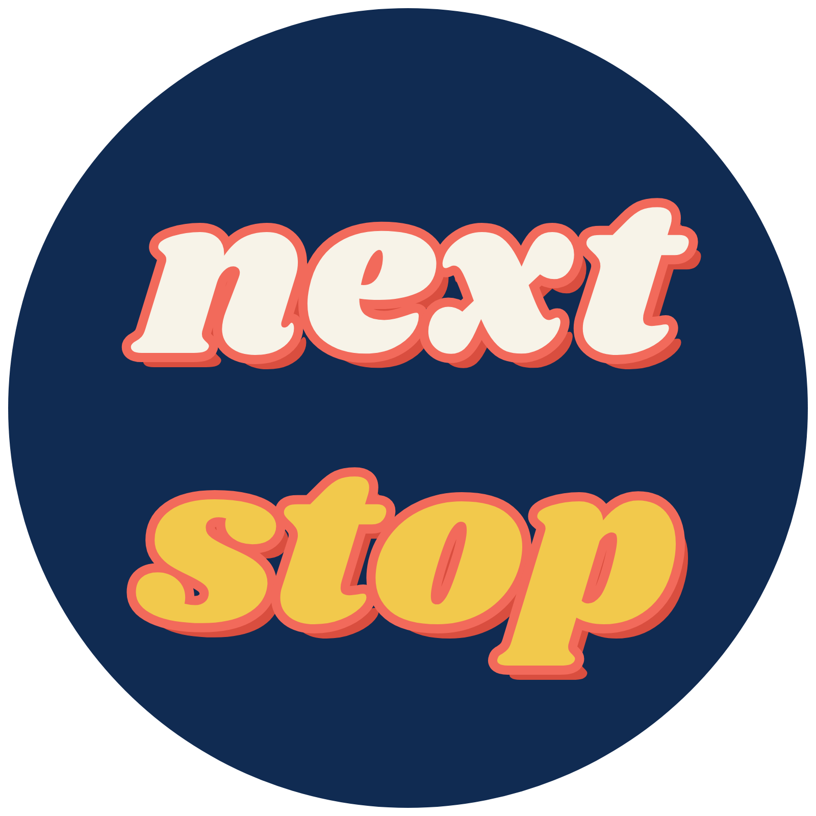 Next Stop sticker logo on a navy circle
